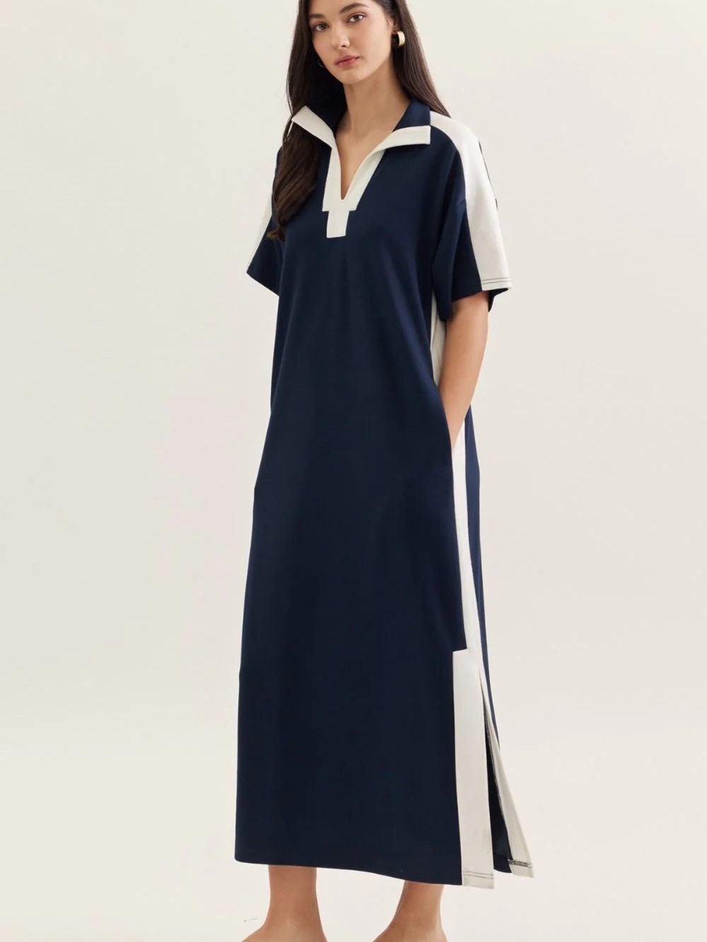 Entro Navy and White Polo-Style Straight Midi Dress Large